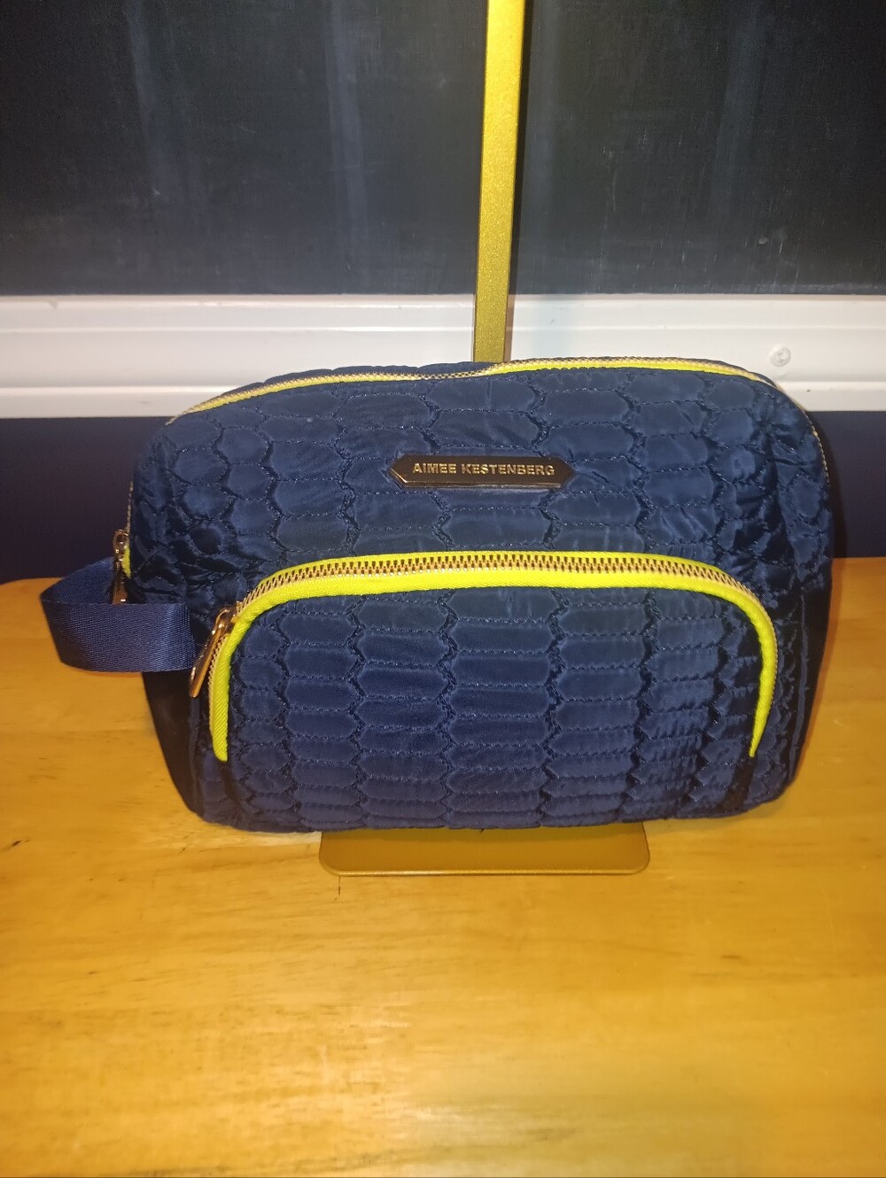 Aimee Kestenberg Navy Quilted Cosmetic Bag with Yellow Accents